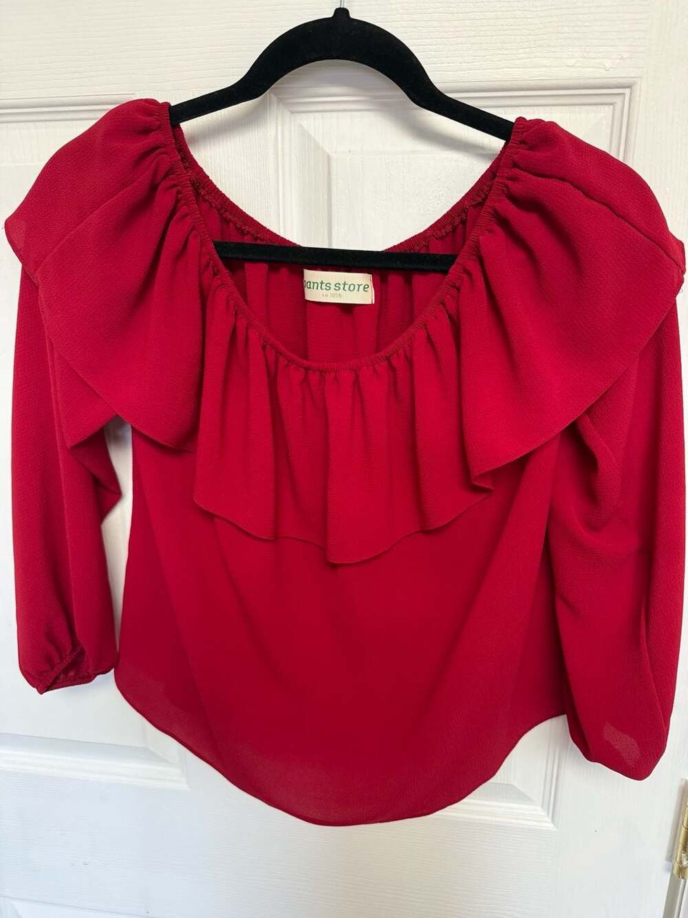 Pants Store Red Chiffon Ruffle Off Shoulder Long Sleeve Blouse
